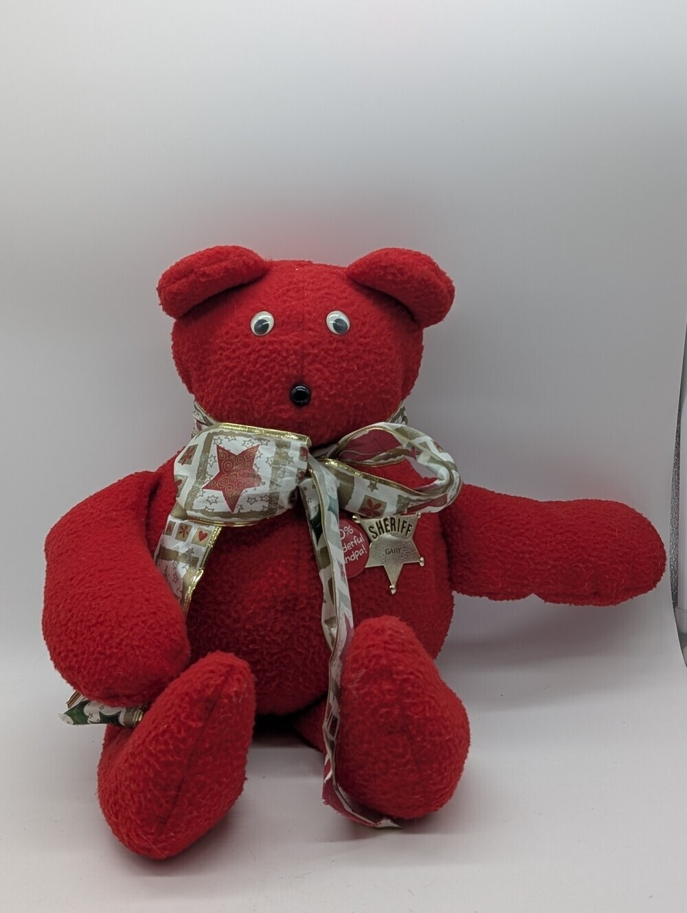 Vintage / Handmade Red Fleece "Sheriff Gary" Grandpa Teddy Bear Plush - Holiday